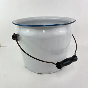 Vintage White Enamelware Bucket Pail with Wood Bale Handle Farmhouse